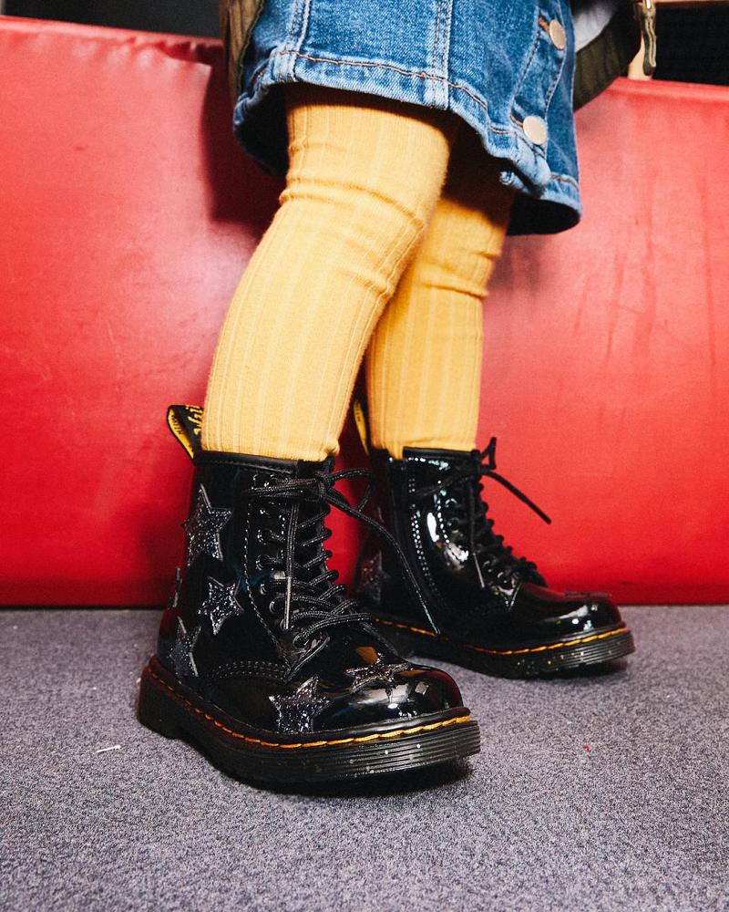 Black Kids' Dr Martens Toddler 1460 Glitter Star Patent Lace Up Boots | CA 694XYU